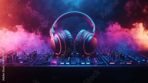 Obraz Colorful DJ headphones on DJ console in the background of a fuzzy smoky dark nightclub