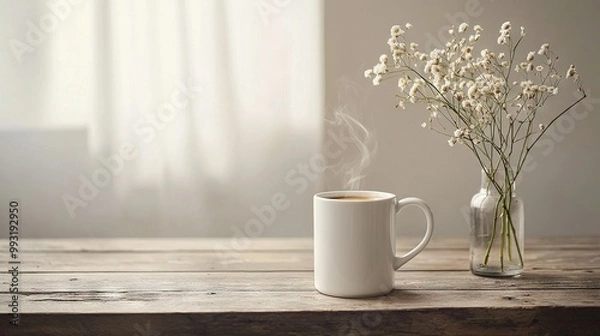 Fototapeta   Coffee sits on table, vase holds baby's breath
