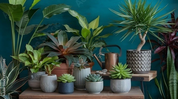 Fototapeta A Lush Display of Succulents and Tropical Plants in Stylish Pots Against a Vibrant Teal Background, Perfect for Home Decor Inspiration and Plant Enthusiasts