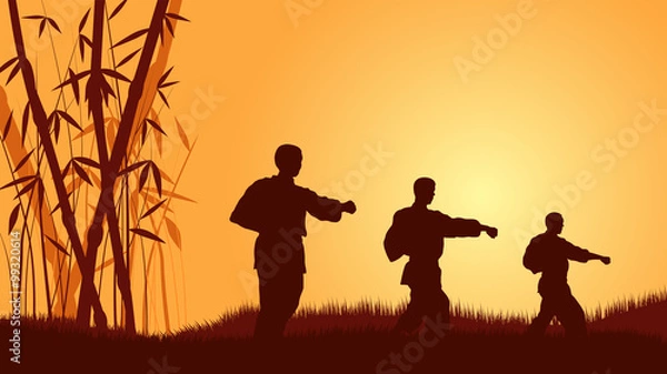 Fototapeta Trzech mężczyzn demonstruje karate na tle wzywającego słońca.
