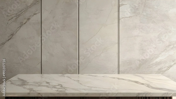 Fototapeta Empty marble table top on classic wall panels background. Empty concrete countertop for cosmetics, drinks and food presentation.