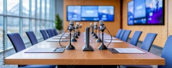 Obraz Conference room setup showcasing a U-shaped table configuration with microphones and digital screens placed in front of each seat