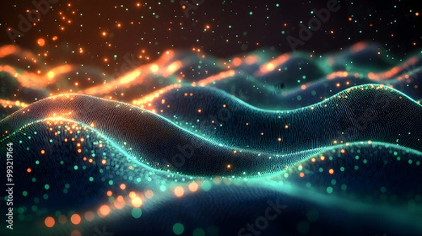 Fototapeta A Dark Background with Green and Blue Gradient Dots Illuminating the Space, Creating a Modern and Abstract Aesthetic
