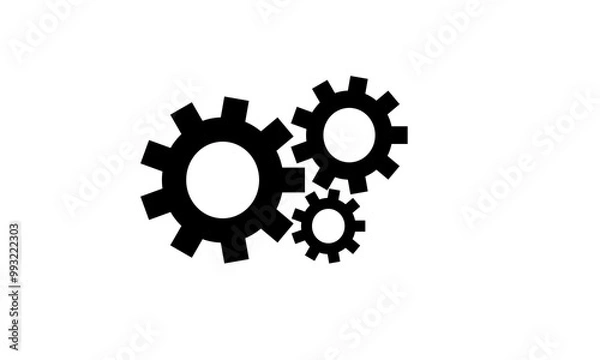 Fototapeta Black Gear Mechanism Icon.  A minimalist black-and-white illustration featuring three interlocking gears of varying sizes. The design symbolizes machinery, engineering, teamwork, and technical process