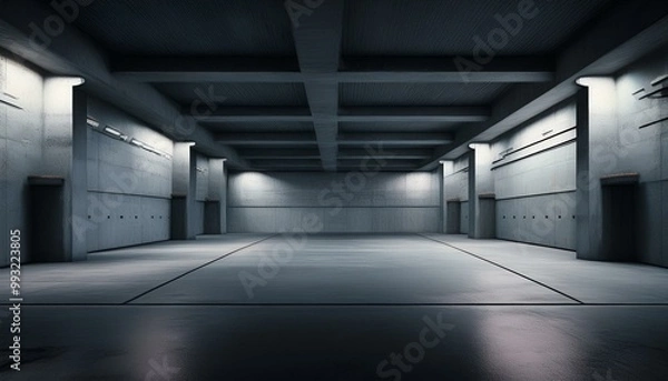 Fototapeta The basement room on the bottom floor of the building's parking lot is empty in an industrial cast concrete style. Abstract modern minimal background
