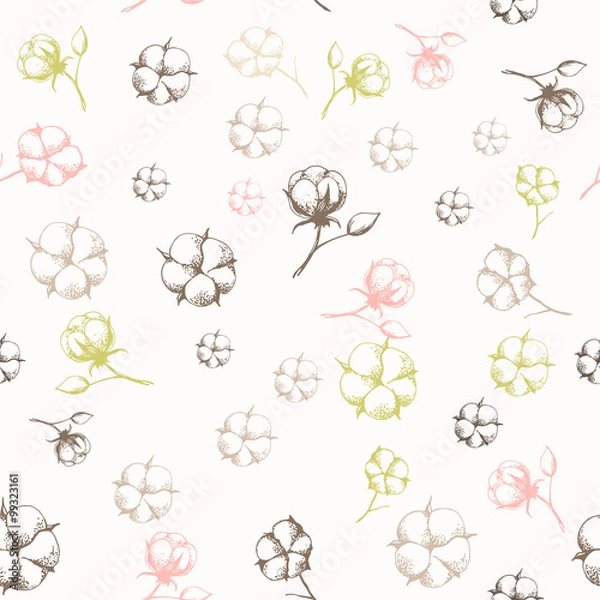 Fototapeta Hand drawn cotton flowers seamless pattern.