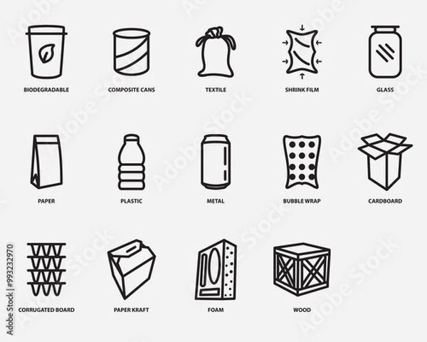 Fototapeta type of packaging materials outline icon set.packaging pictogram symbol vector isolated on background
