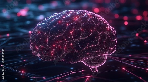 Obraz Abstract visualization of a brain with glowing connections in dark space depicting neural activity and data flow