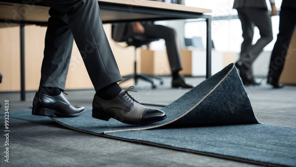 Fototapeta A Pair of Legs Tripping Over a Loose Carpet Edge, Capturing the Moment of an Office Stumble