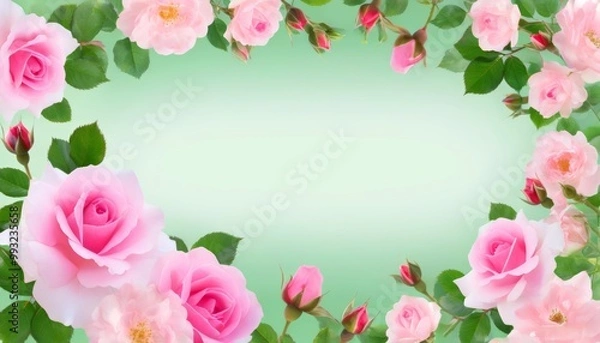 Fototapeta 
The background is a postcard with lush delicate peach roses and their buds on a light background with a place set aside for writing text or pictures. greeting card