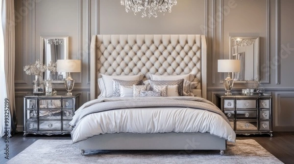 Fototapeta Elegant bedroom with a tufted headboard