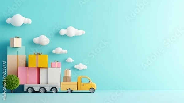 Fototapeta A whimsical illustration of a group of cartoon delivery trucks collaborating to deliver packages, emphasizing teamwork in logistics.