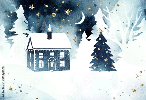 Fototapeta Christmas watercolor vector illustration with isolated house, Christmas tree, forest, moon and golden stars. Winter magic design for greeting card, poster, banner with place for text