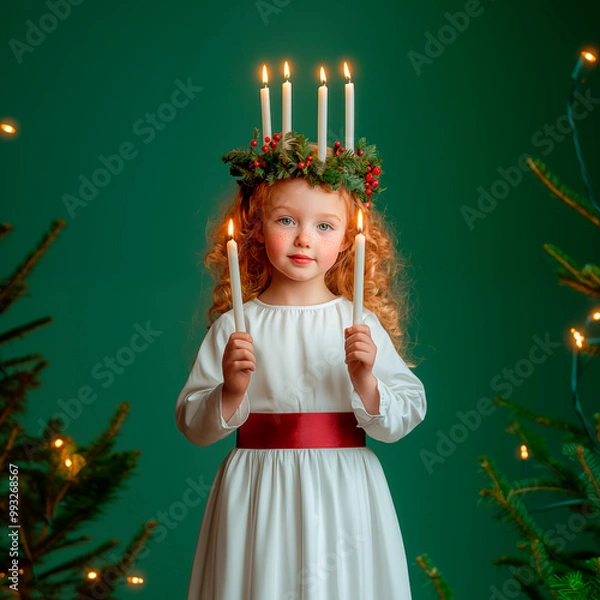 Fototapeta A red-haired girl dressed as Saint Lucia, with a green wreath on her head, in a white dress with a red belt and holding candles in her hands. Green pastel background. Hyper-realistic photo.