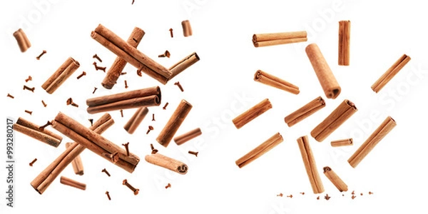 Fototapeta Cinnamon sticks floating in air on isolated transparent background