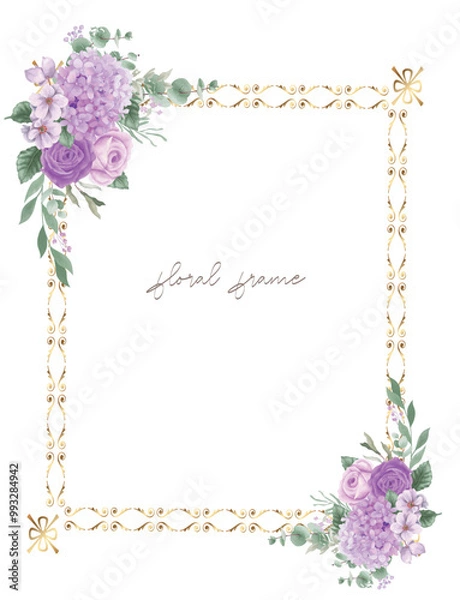 Obraz Watercolor floral frame background with golden frame
