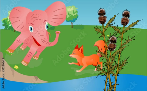 Fototapeta Cute baby elephant and fox on a field with a thistle in foreground. Vector illustration.