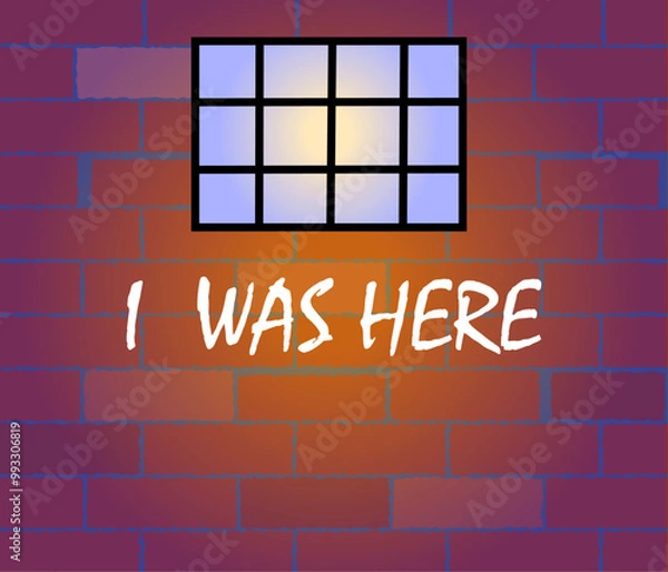 Fototapeta Prison brick wall with a barred window and  an inscription on the wall I was here. Vector illustration.