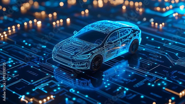 Fototapeta A 3D rendering of a car on a circuit board, representing the intersection of technology and transportation.