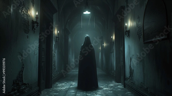 Fototapeta Ghostly nun in a dimly lit monastery corridor
