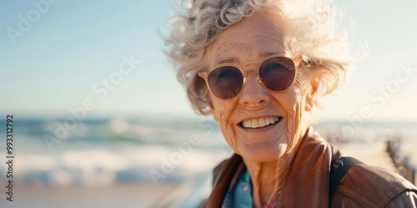 Fototapeta A close-up of an elderly woman rollerblading along the boardwalk
