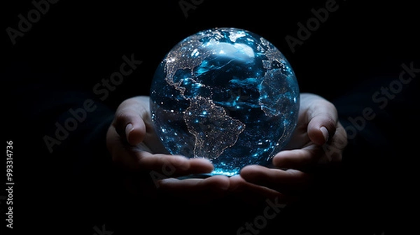 Fototapeta Two hands holding a glowing blue glass globe against a dark background.