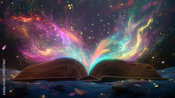 Fototapeta An open book with a glowing, colorful, magical aura emanating from its pages, signifying knowledge, wisdom, and imagination.