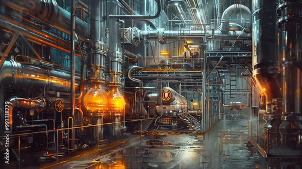 Fototapeta Industrial Factory with Glowing Tanks and Complex Pipe System  
