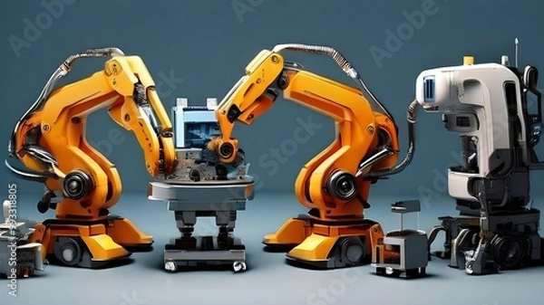 Fototapeta Robots assembling products or vehicles, robotics in industry 