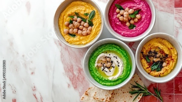 Fototapeta Colorful hummus bowls - green, yellow and beetroot. red pink background color, copy space. vegan food on the bright colorful tiles background. healthy delicious vegetarian food.