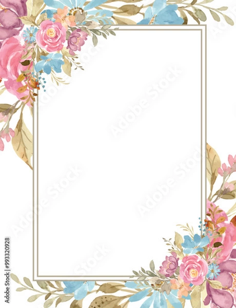 Obraz Watercolor floral frame background with golden frame
