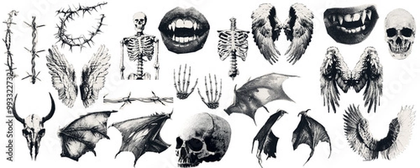 Fototapeta hotocopy  Magazine, newspaper clipping, Vintage elements.   illustration of grunge dadaism texture icons for psychedelic.Rock, skull, wings, demon, angel, feathers, skeleton, bones, mouth, fangs, scar