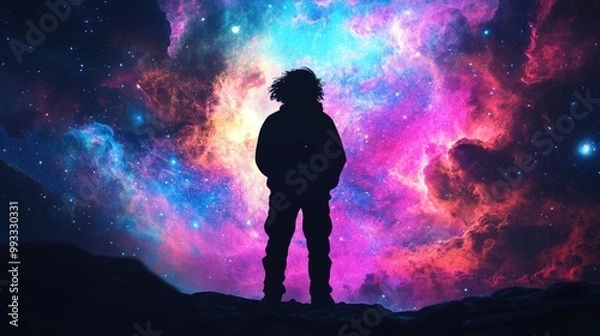 Fototapeta A silhouette of an individual set against a vivid cosmic scene