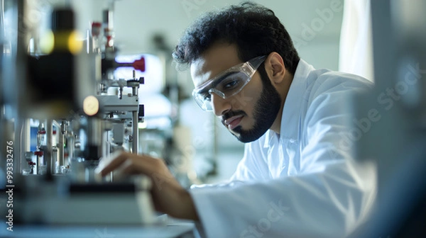 Fototapeta A middle eastern male engineer focuses intently on machinery in a lab, wearing safety goggles and a white lab coat, demonstrating precision and dedication