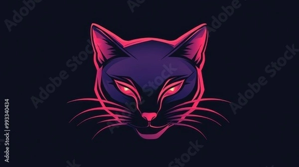 Fototapeta Purple cat head logo design featuring dark cyan and light crimson colors showcasing meticulous details electric hues and a playful touch of femininity with light red and dark black elements
