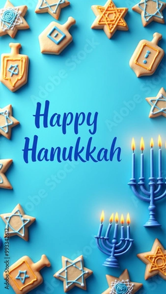 Fototapeta Hanukkah celebration with cookies shaped as Stars of David and dreidels