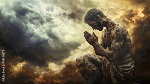 Fototapeta Job, covered in painful sores from head to toe, kneels in agony, yet his faith remains unshaken. Amidst his suffering, he lifts his voice in prayer to God.