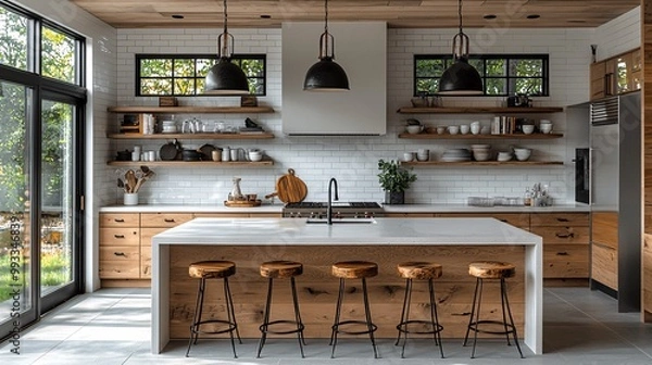 Fototapeta A bright kitchen with a modern bar counter, a farmhouse sink, and open shelving filled with minimalist kitchenware