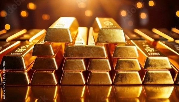 Obraz Shiny gold bars stacked on a black background representing wealth and financial success