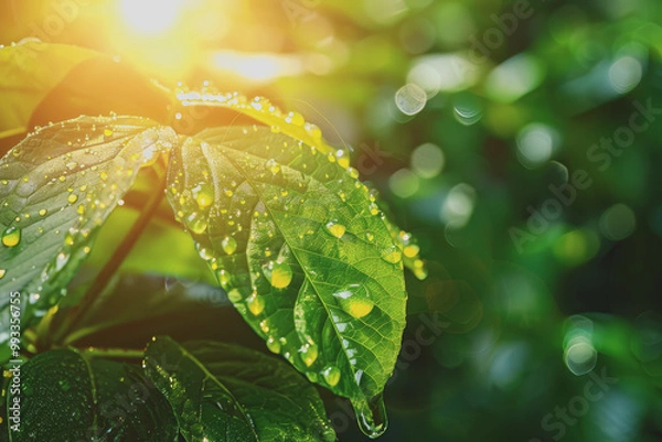 Fototapeta Beautiful water drops in the sunlight Big morning dew drops outdoors Beautiful circular bokeh.