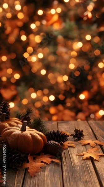 Fototapeta A wooden table with an autumn background and bokeh lights in the background