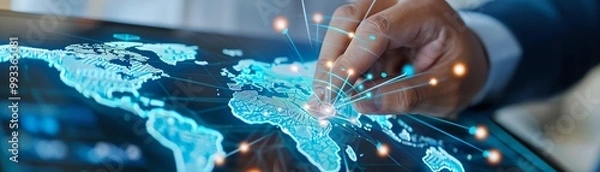 Fototapeta Encouraging fairness in global office locations, with glowing world maps connecting employees from diverse global offices equally.