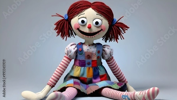 Obraz The Susie is a rag doll made of patchwork fabric, but her body is held together with visible stitches that look rough and haphazard, as though she’s been repaired many times. 