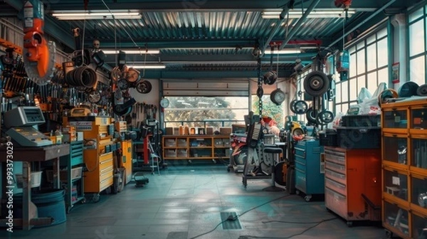 Obraz A well-equipped and organized auto repair shop with skilled mechanics and satisfied customers