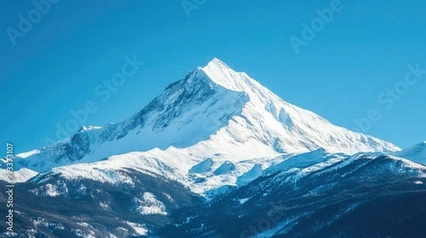 Fototapeta Snow-covered mountain peak under a clear blue sky, offering ample space for text or message. No people, serene winter scene