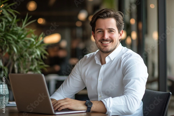 Fototapeta A man in a white shirt is sitting at a table with a laptop, smiling. He's in a cafe-like setting
