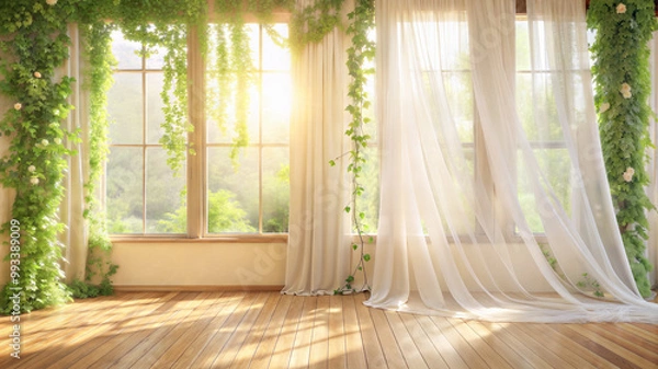 Fototapeta Floral garden backdrop with white draped curtains, ivy, flowers, soft sunlight.  Mockup serene scene background with copy space.