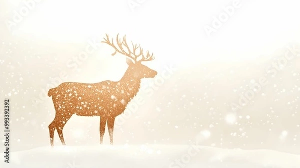 Fototapeta Golden silhouette of a reindeer in a snowy landscape with minimalistic winter scenery and snowflakes
