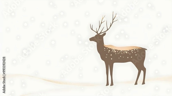 Fototapeta Golden silhouette of a reindeer in a snowy landscape with minimalistic winter scenery and snowflakes
