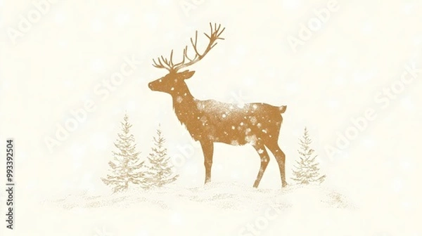 Fototapeta Golden silhouette of a reindeer in a snowy landscape with minimalistic winter scenery and snowflakes

